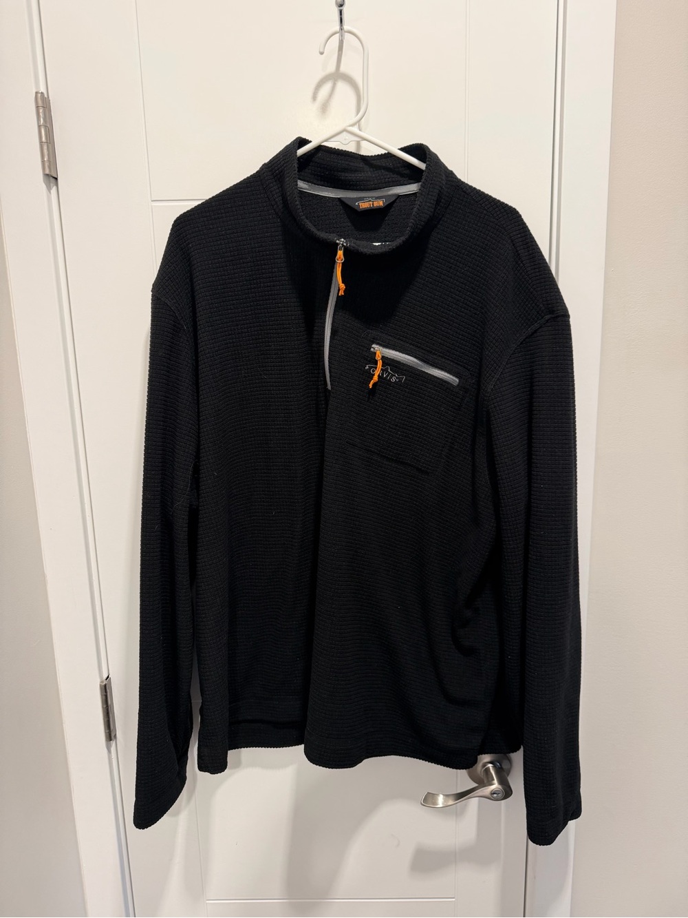 Orvis Black Men’s Quarter-Zip Waffle Knit Pullover with Orange Accents